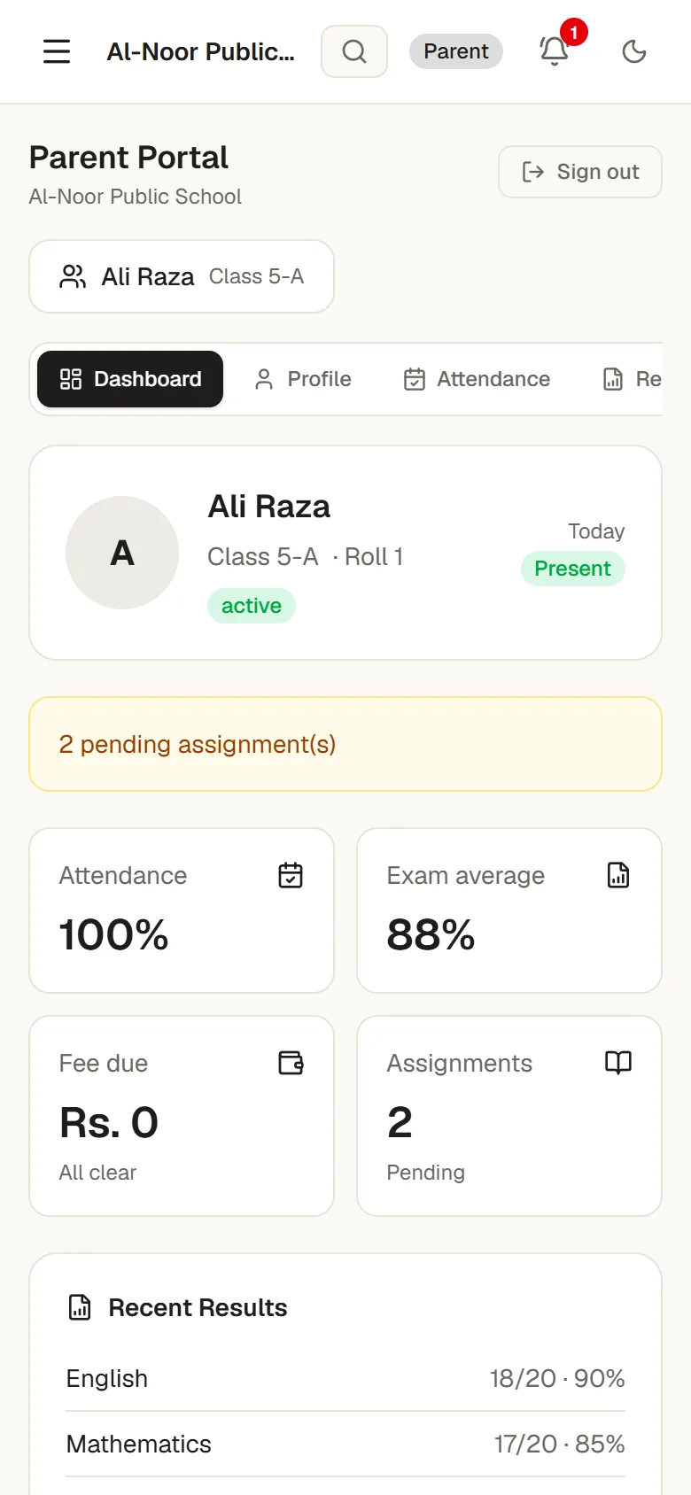Parent portal home